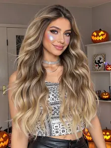 Ombre Long Curly Lace Wig, Heat Resistant Synthetic Hair, Perfect for Parties, Women Blonde Colored Wig
