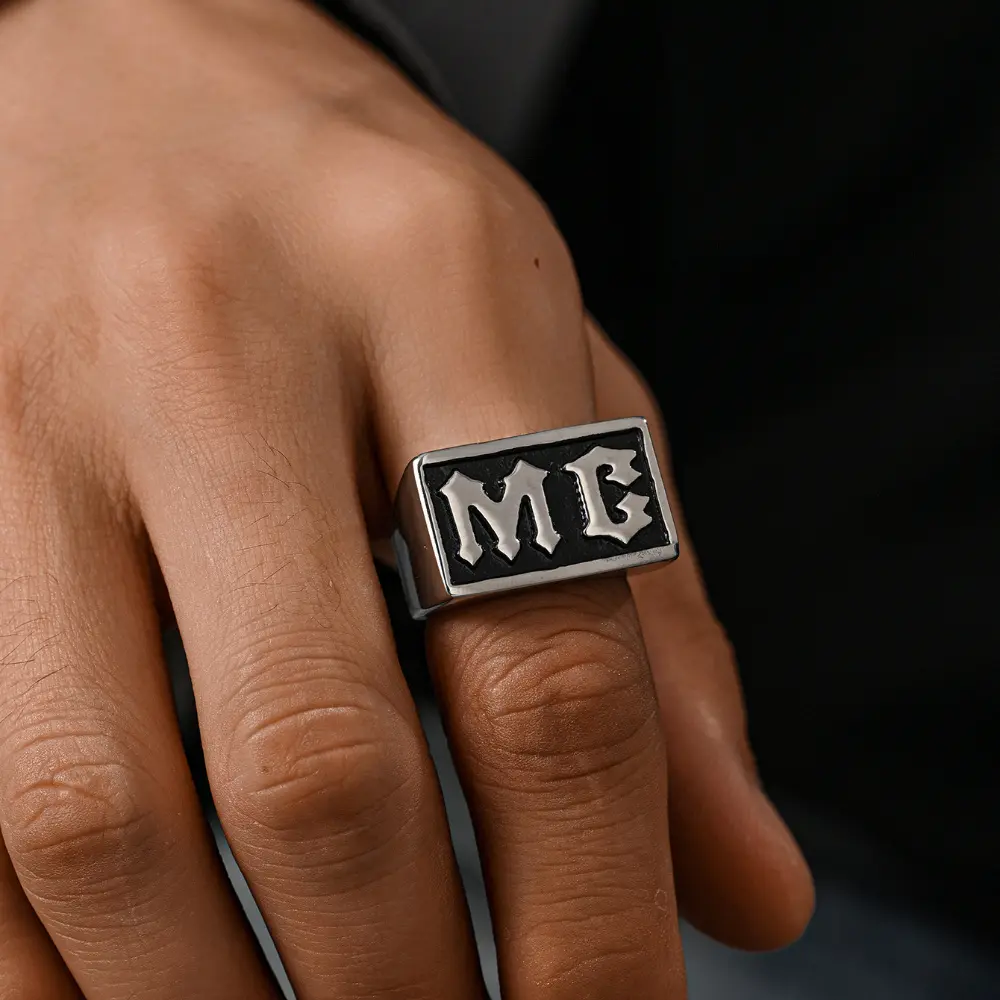 Biker Signet Ring for Men, Punk Chunky Statement Motorcycle Jewelry in Stainless Steel with MC Engraving, Sizes 7-15, Statement Signet Rings, Signet Rings