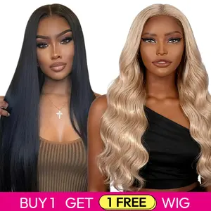 Get 2 for 1! Buy 1 Get 1 Free Blended Human Hair Lace Front Wig | 180% Density, #1B Straight Hair & #27 Body Wave