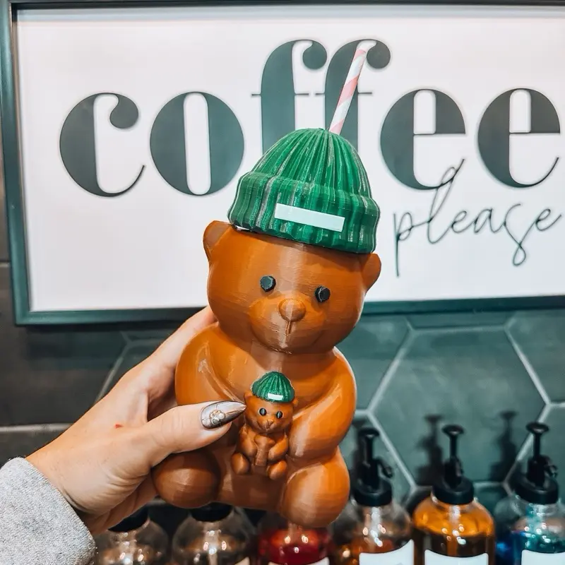 Viral Bear Koozie & Can Beanie - Adorable Brown Bear with Green Beanie for Coffee Lovers