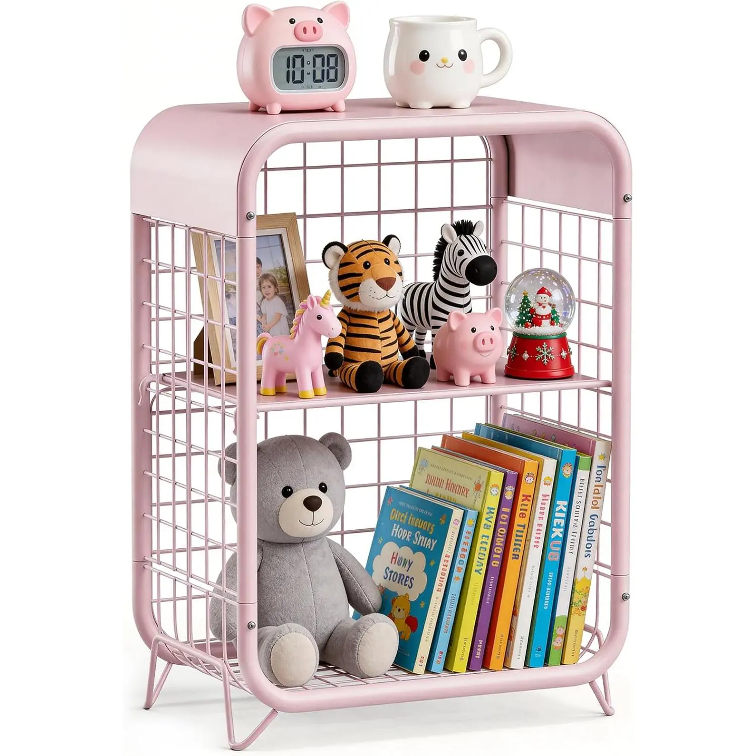 Cute Nightstand, Metal End Table, Side Table with Storage, 3-Tier Narrow End Table for Girls, Small Beside Table for Bedroom, Living Room, Office, Decor, Pink