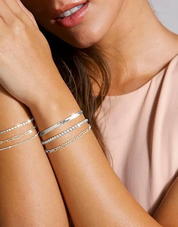 CHESKY Dainty Chain Bracelets Waterproof Sterling Jewelry Sets Stackable Figaro Herringbone Paperclip Chain Bracelets for Womens