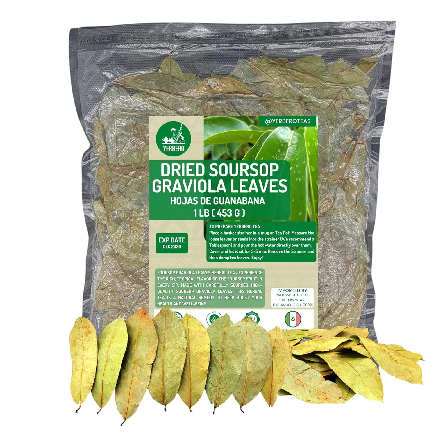 Yerbero Whole Dried Guanabana (Soursop) Leaves 1 lb (454 g) | Premium Loose Leaf Herbal Tea - 100% Natural, Vegan, Sun Dried Wildcrafted Leaves from Mexico