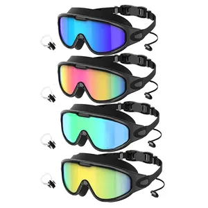 4 Pack Swimming Goggles Set, 4 PCS Adult Large Frame Swim Glasses with Nose Clip and Earplugs, Unisex UV Protection Waterproof Anti-Fog, Swimming Accessories