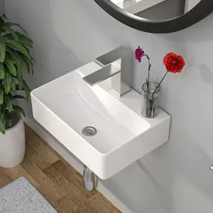 Kichae 14" x 10" Floating Bathroom Sink Wall Mounted - Rectangle Vessel Sink Small Modern Bathroom Wall Hung Sink White Porcelain Ceramic Vessel Vanity Sinks with Faucet Hole