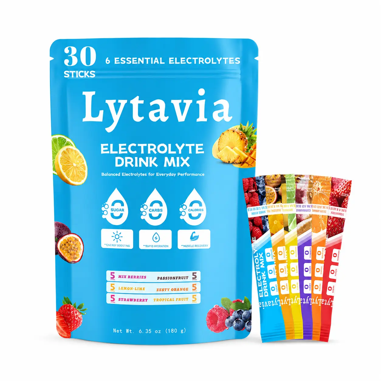 Lytavia 30-Pack Electrolyte Drink Mix Packets, Sugar-Free Hydration Powder with 6 Key Electrolytes, Vitamin C, Zinc, Vegan Keto Non-GMO Natural Blend for Sports, Daily Balance
