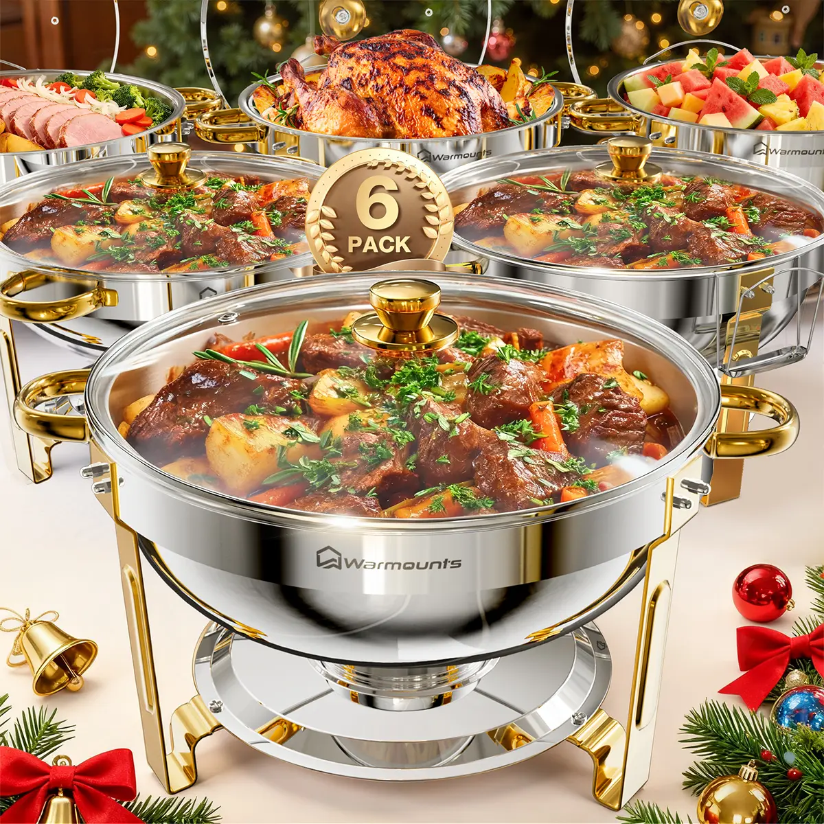 Dealsforyoudays WARMOUNTS Chafing Dish Buffet Set, 5QT 2/4/6 Pack Gold Accent Stainless Steel Chafers and Buffet Warmers Sets with Glass Lid & Lid Holder for Parties Catering Events Weddings Banquets