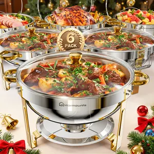 WARMOUNTS Chafing Dish Buffet Set, 5QT 2/4/6 Pack Gold Accent Stainless Steel Chafers and Buffet Warmers Sets with Glass Lid & Lid Holder for Parties Catering Events Weddings Banquets