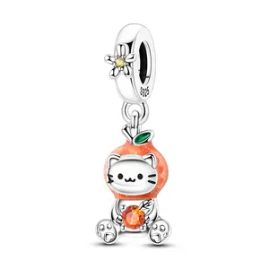 MULA 925 Silver-plated Orange Cat Pendant with CZ and Enamel - Cute Kitten Charm Beads, Coordinate with Pandora Bracelets, Great Pet Lover Jewelry Gift for Women Girls Teens