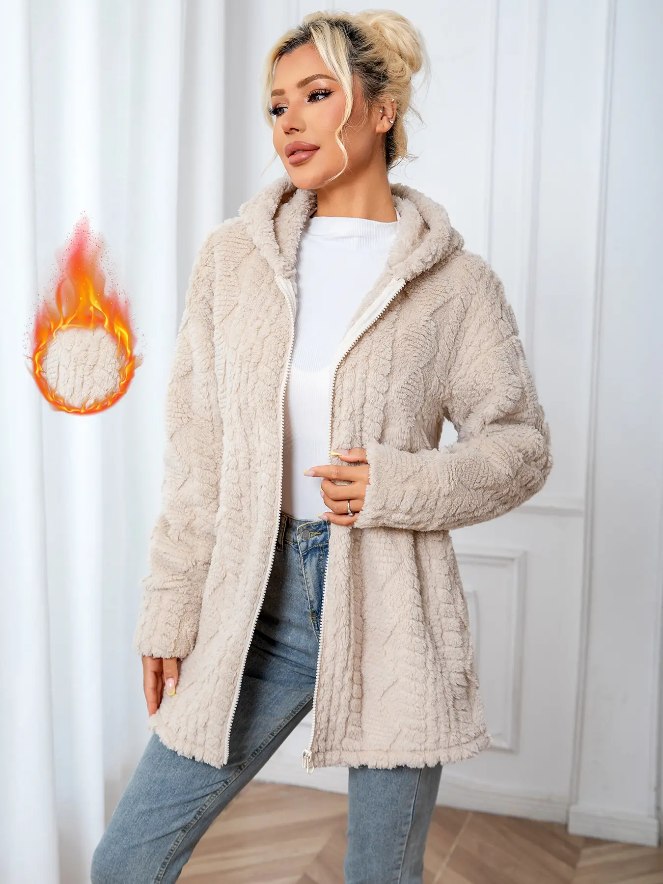 2026 European and American Fashion Women's Fall Winter New Knit Embroidered Hooded Fuzzy Zipper Coat Jacket, Elegant Loose-Fitting Outerwear