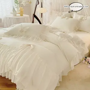 3pcs Korean lace bedding set duvet cover set, including 1 bow decorated lace duvet cover and 2 pillowcases, no comforter, duvet cover with zipper closure, easy care, suitable for all seasons