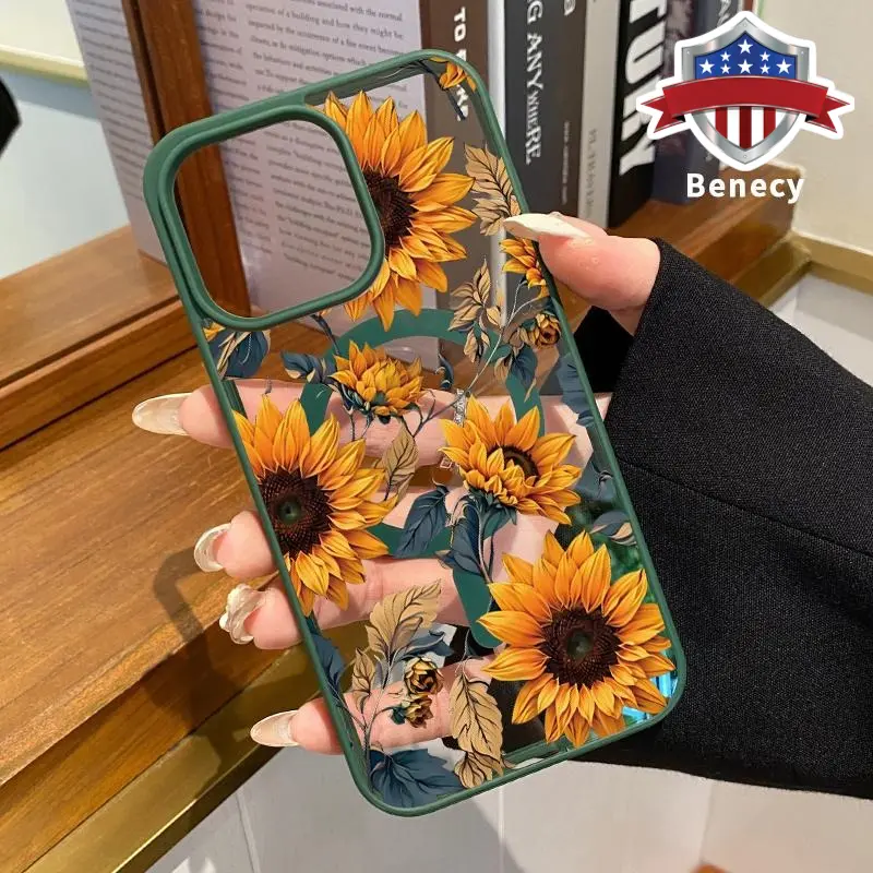 Wild Sunflowers Pattern Magnetic Silicone Transparent Acrylic Phone Case - Shockproof, Non-Slip, Durable Protector for iPhone 11-17, Pro Max, Air, XR, XS, Plus - Supports Wireless Charging - Smartphone, Handheld Devices Accessories, Casing