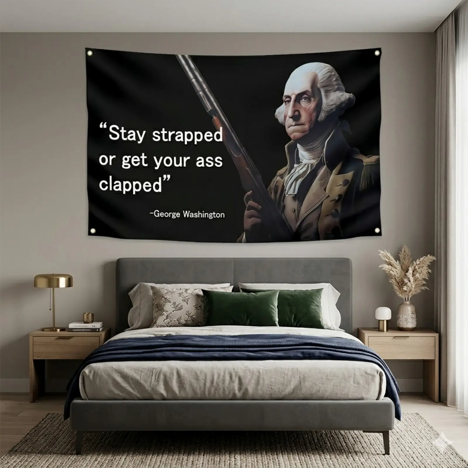 3x5Ft Synthetic Washington "Stay Strapped or Get Clapped" Flag Banner with 4 Brass Grommets, Home Supplies Father's Day Gift for Guys, Indoor-Outdoor Wall Mount, Living Room Decor, Home Bedroom Decor Cool Stuff for Room Backdrop