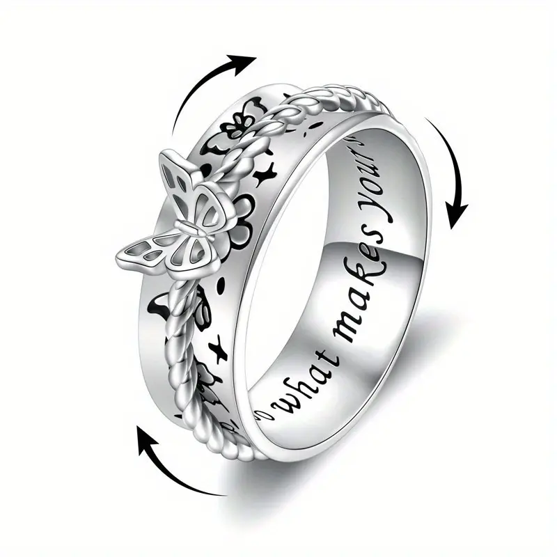 Women's Shiny Inlaid High-End Butterfly Rotating Fidget Ring - Anti Anxiety Costume Jewelry, Stress Relief Accessory with Twisting with Fingers Rotating Part, Everyday Meaningful Gift