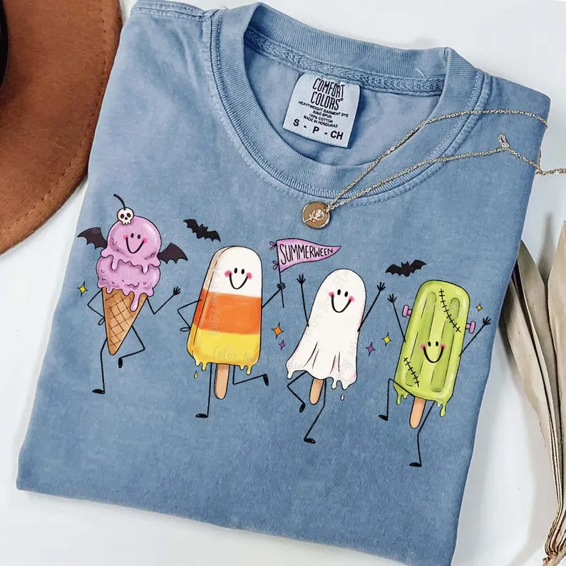 Comfort Colors Summerween Doodle Characters Shirt, Spooky Happy Treats Graphic Tee, Funny Halloween Summer Popsicle Shirt, Spooky Season T-Shirt, Cute Seasonal Apparel