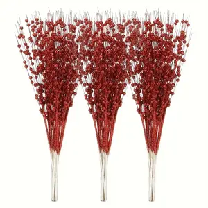 12 Artificial Glitter Berry Stems Decorations, DIY Christmas Tree Wreath Crafts, Holiday Home Party Decor, Vase Fillers