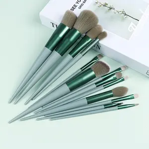 13Pcs Four Seasons Green Makeup Brush Set, Soft Synthetic Fiber Brushes for Powder Blush Eyeshadow Highlighter, Complete Beauty Tools