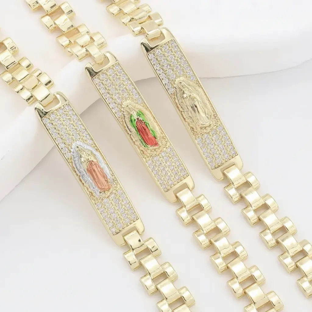 Virgen de Guadalupe Bracelet 14K Gold Plated (8.27 inch) | Pulsera de Oro Hombre | Virgin Mary CZ Iced Out Chain | Religious Protection Gift