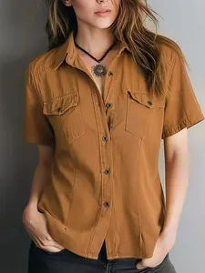 Women's Summer Classic Retro Western Style Shirt Blouse Top, Double Pockets, Turn-Down Collar, Washed Short Sleeve, Casual Daily Wear