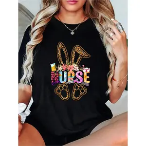 Women's Nurse Life Stethoscope Easter Bunny Print Round Neck Short-Sleeve Fitted T-Shirt - Casual Chic Comfort Top for Spring & Summer, Machine-Washable Womenswear, Shortsleeve