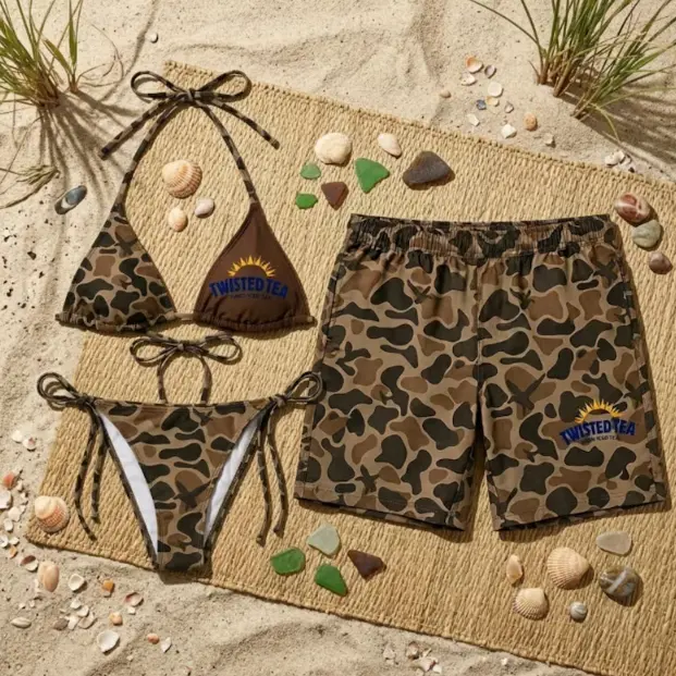 Twisted Tea Camo Couple Matching Swimsuit Set, Bikini and Mens Swim Trunks, Camouflage Beachwear, Matching Vacation Outfit, Gift for Him Her