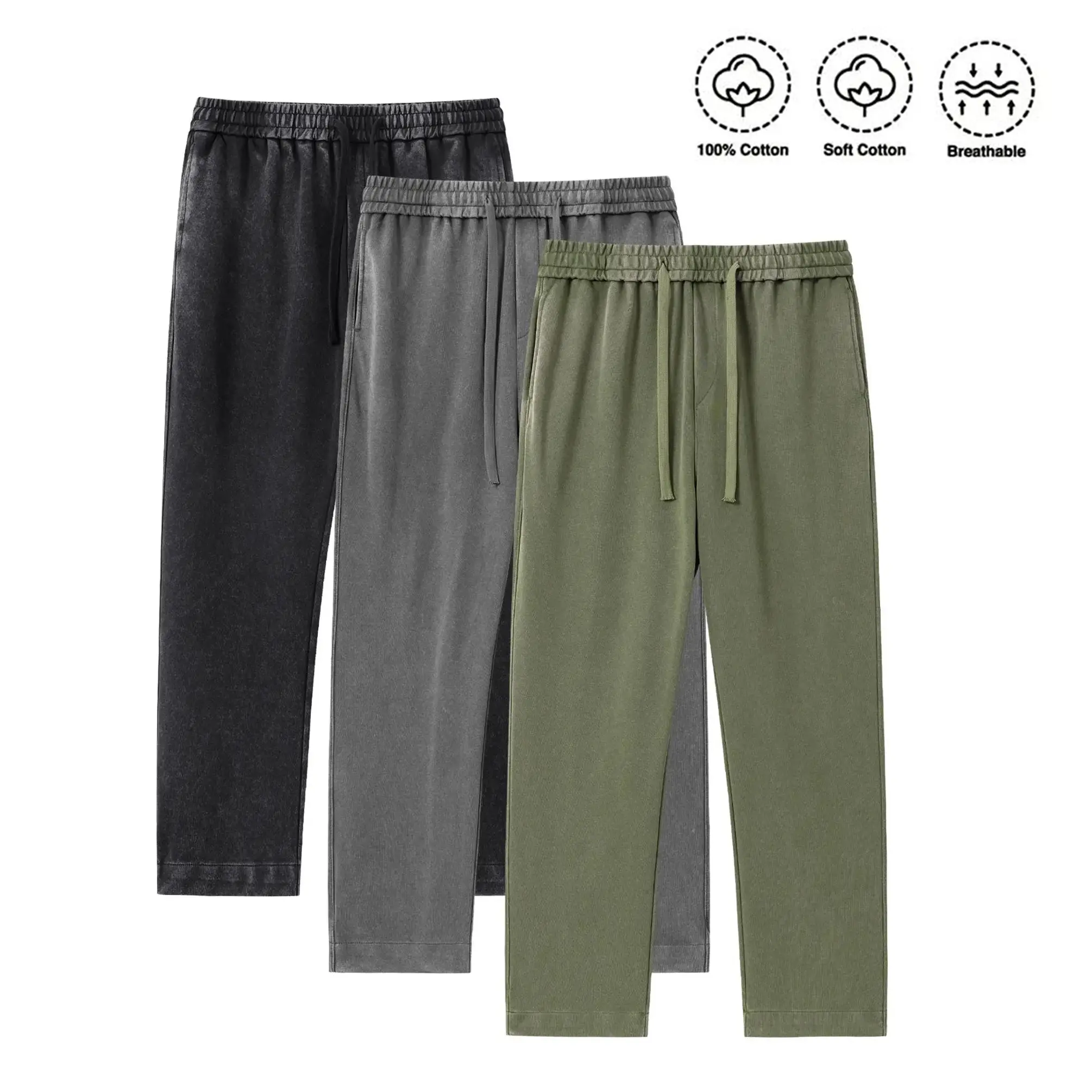 3-pack men’s acid-wash, washed cotton solid-color athletic casual sweatpants, all-season, unisex