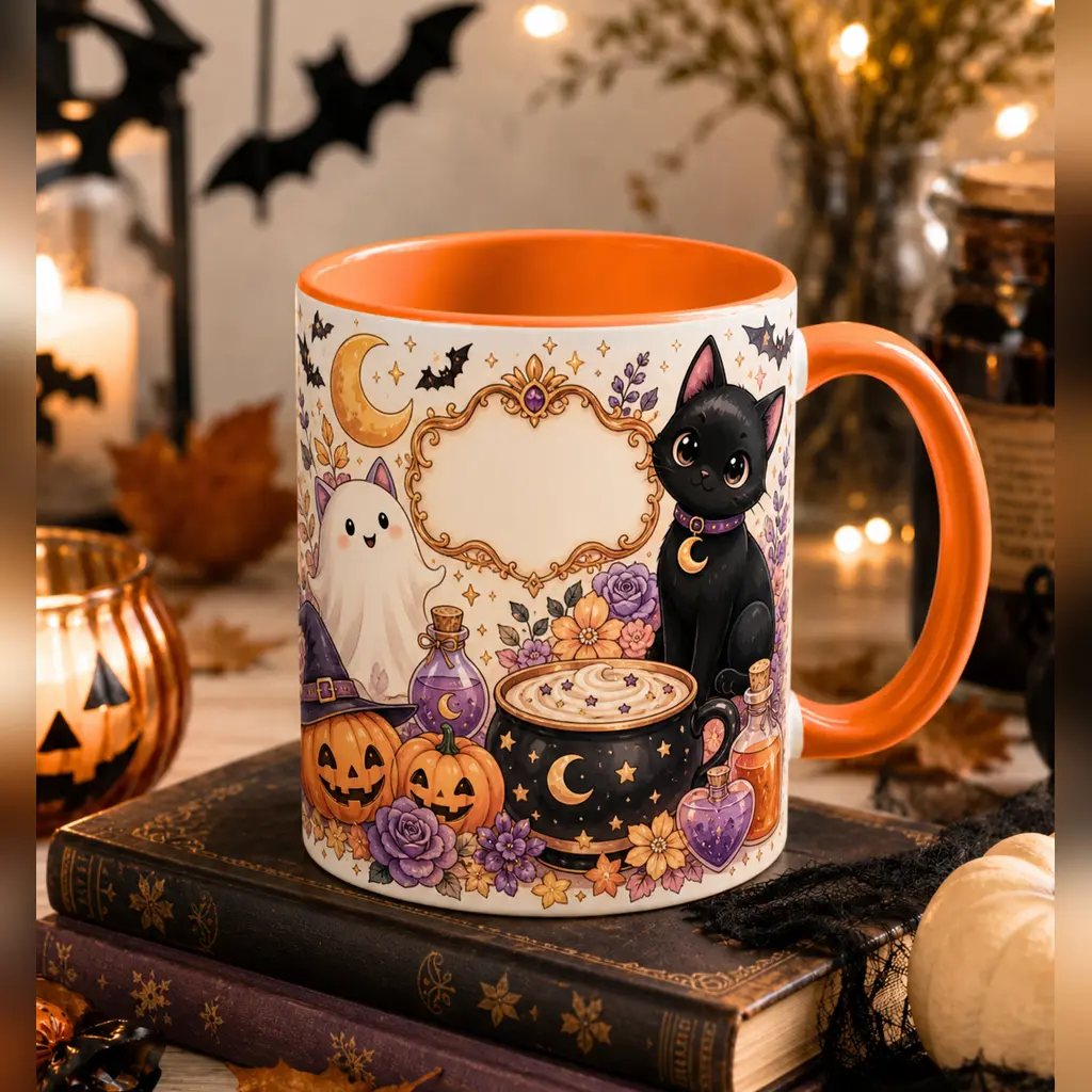 Personalized Halloween Mug, Custom Orange Handle Ceramic Cup, 2D Printed 3D Effect Witch Cat Ghost Potion Design, For Halloween Lovers Women Kids, Halloween Party Birthday Gift, Spooky Season Keepsake