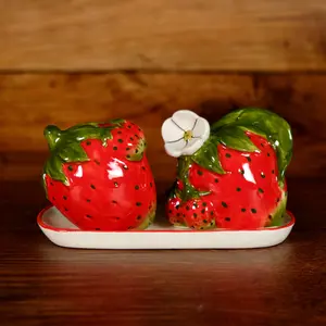 Strawberry S&P Set Hand-Painted Ceramic Salt & Pepper Shakers with Green Leaves & Dotted Seeds on Matching Tray for Kitchen or Dining Table Decor