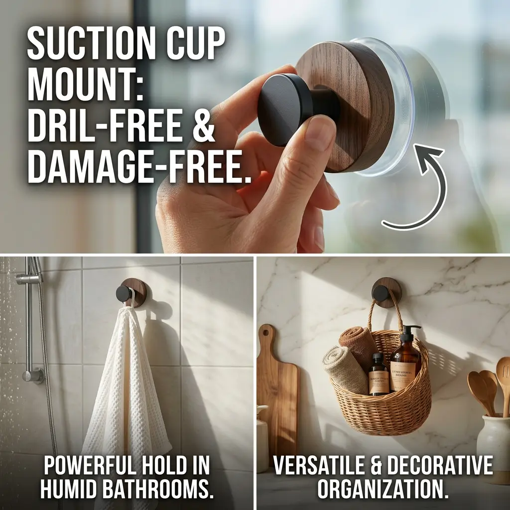 No Drill Suction Hooks 4 Pack, Stylish Wall Hooks for Bathroom & Kitchen, Strong Hold Reusable Hooks for Towels, Clothes, Keys and Accessories