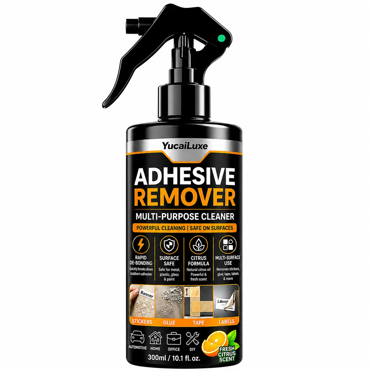YucaiLuxe Citrus Adhesive Remover Spray, 300ml Multi-Purpose Rapid Glue Dissolver, Safe for Metal, Plastic, Glass & Paint, Removes Stickers, Tape & Labels for Home, Office Use