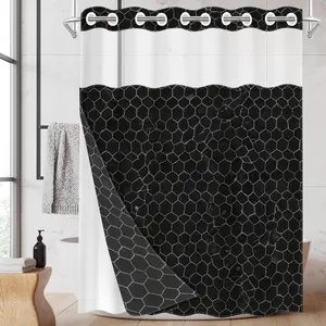 1pc hookless shower curtain with buckle lining, black and gray honeycomb geometric texture design, 2D flat printing, fabric waterproof lining, see-through double-layer shower curtain, 71 x 74 inches, modern home draping curtain, Shower Curtain Liner