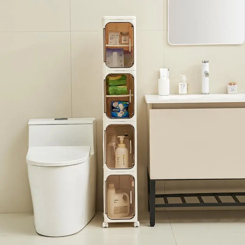 4-Tier Slim Storage Cabinet with Drawers & Doors, Foldable Plastic Organizer with Wheels, Adjustable Shelves, Stackable Narrow Storage for Bathroom, Kitchen & Small Spaces