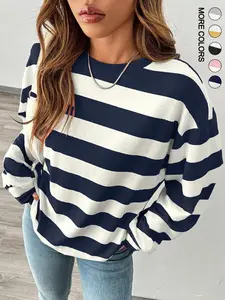 Women's Loose-Fit Striped Round Neck Long Sleeve T-Shirt, Casual Everyday Soft Comfort Top for Fall & Winter