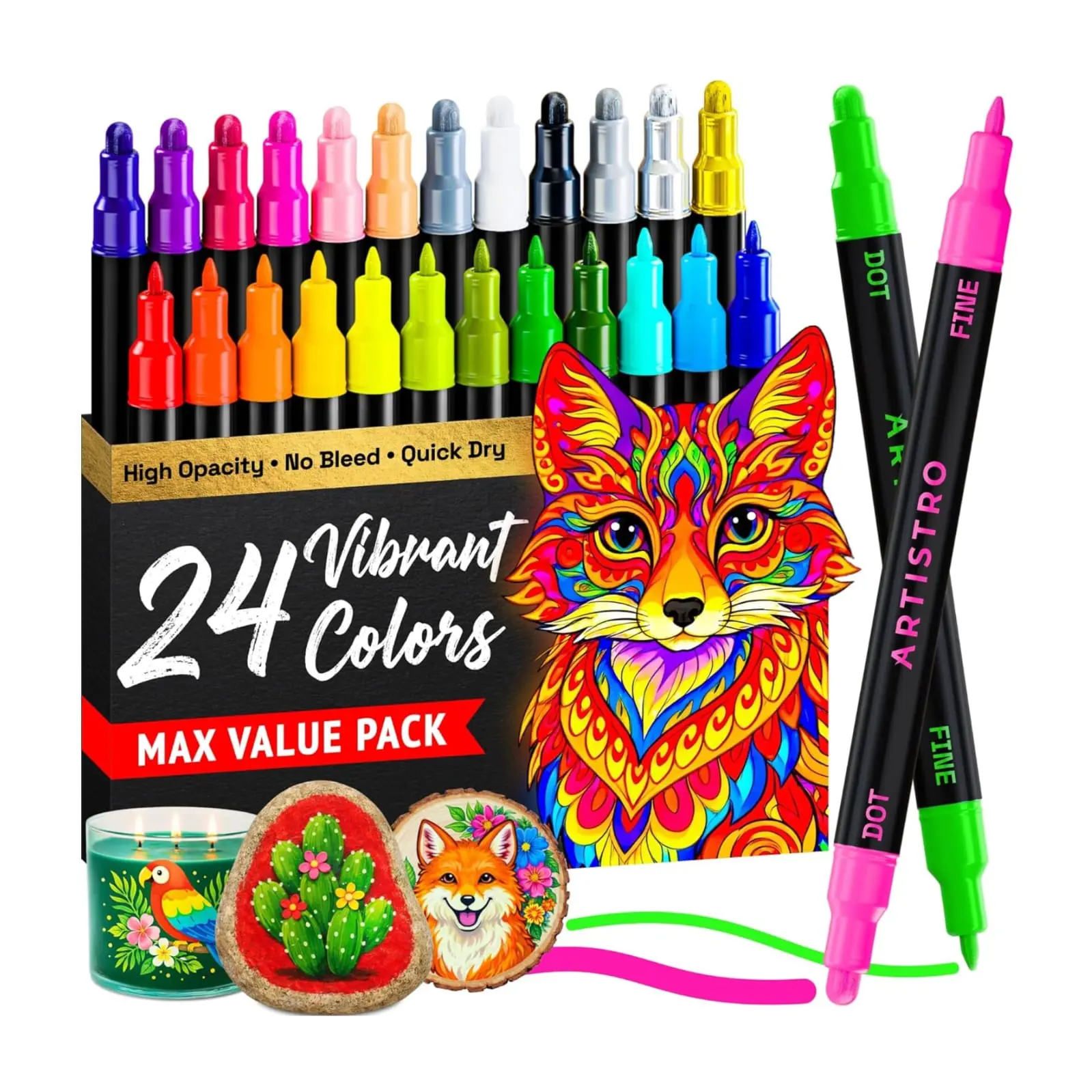 24 Dual Tip Acrylic Paint Markers Set, Fine Tip & Dot Paint Pens for Rock Painting, Fabric, Wood, Glass, Canvas, Ceramic, Coloring Books, Arts & Crafts Supplies, School & Classroom Supplies