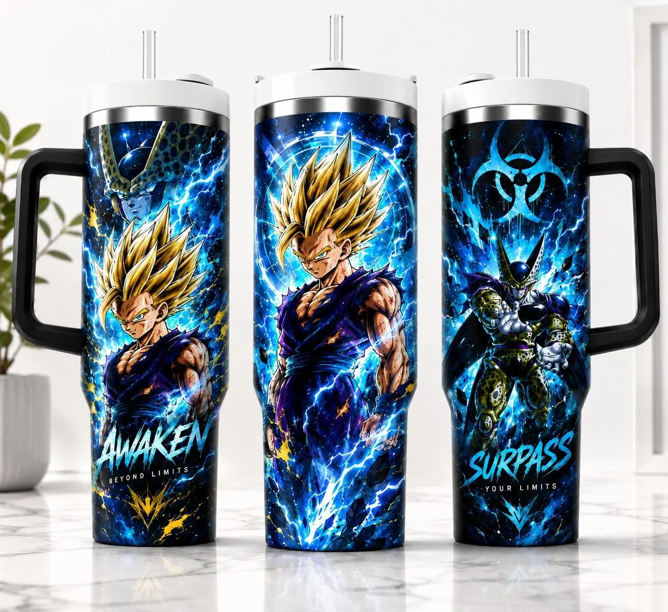 Son Gohan Inspired 40oz Tumbler with Handle & Straw, Stainless Steel Vacuum Insulated Travel Mug, Blue Lightning Anime Design, Reusable Cup Gift for Anime Fans