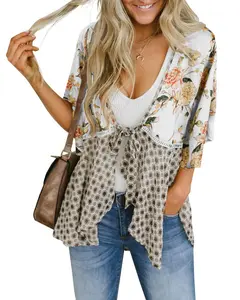 Women Floral Kimono Cardigans 3/4 Ruffle Sleeve Lightweight Patchwork Flowy Boho Tie Loose Cover Ups