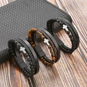 Cross Leather & Magnetic Hematite Titanium Bead Bracelet for Men Mulyilayer Braided Wristband Boho Style Magnetic Closure for Daily Use