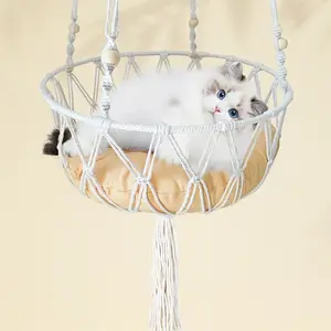 Lace Cat Hammock Bed, Hand-Woven Hanging Bohemian Cat Bed with Hanging Kit, Suitable for Indoor and Outdoor Home Decoration, Ceiling, Patio Swing, Ideal for Sleeping, Climbing and Resting