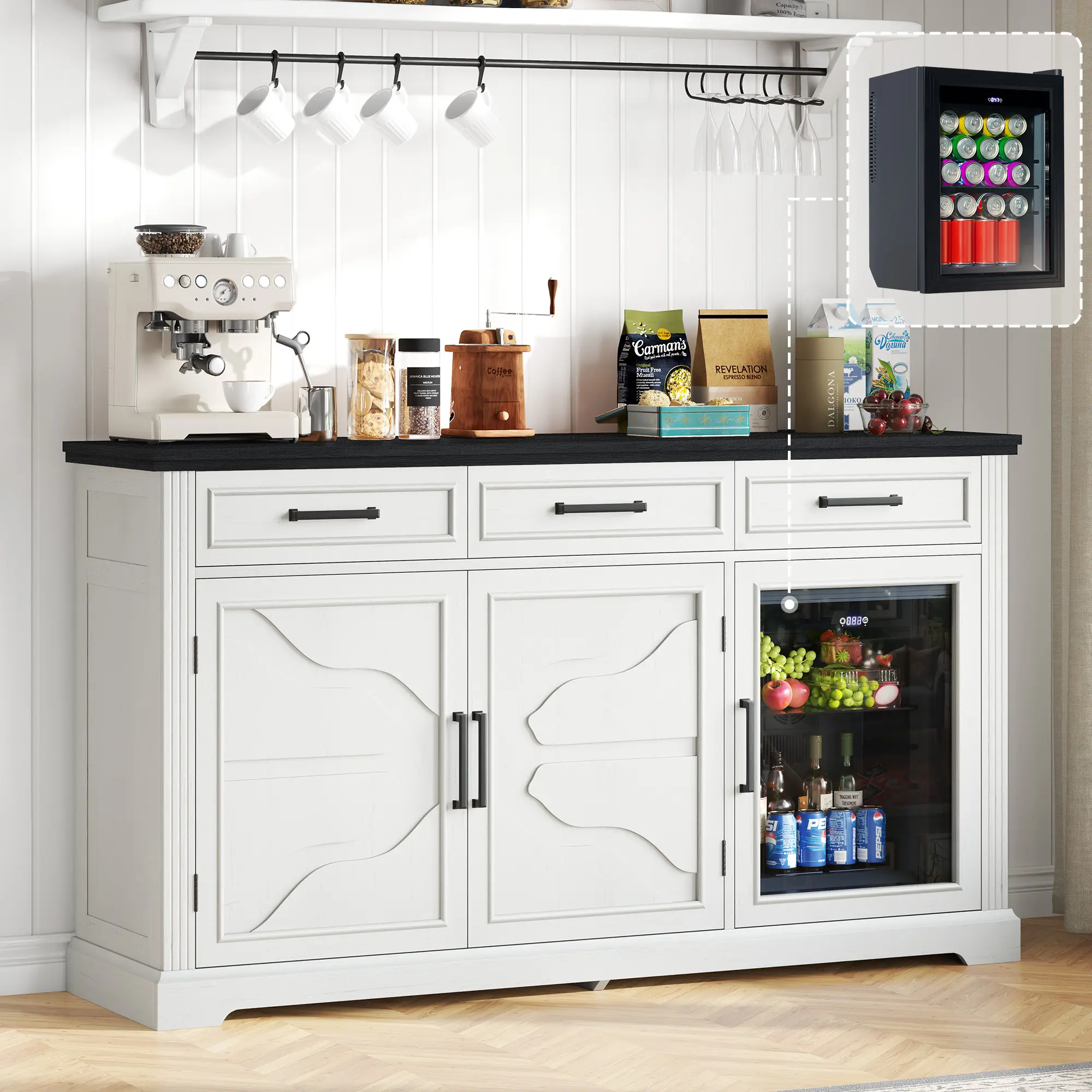 [Ships in 2 Boxes]VanAcc 60" Farmhouse Coffee Bar Cabinet with Beverage Fridge (Included), Wine Bar Cabinet with Drawer Storage, Mini Fridge Cabinet, Sideboard Cabinet for Dining Room, Living Room #homemakeover