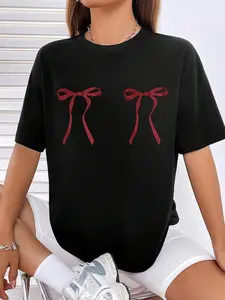 Women's Cartoon Bow Print Fitted Crop Tee Top, Casual Short Sleeve Round Neck T-shirt for Summer, Ladies Clothes for Daily Wear