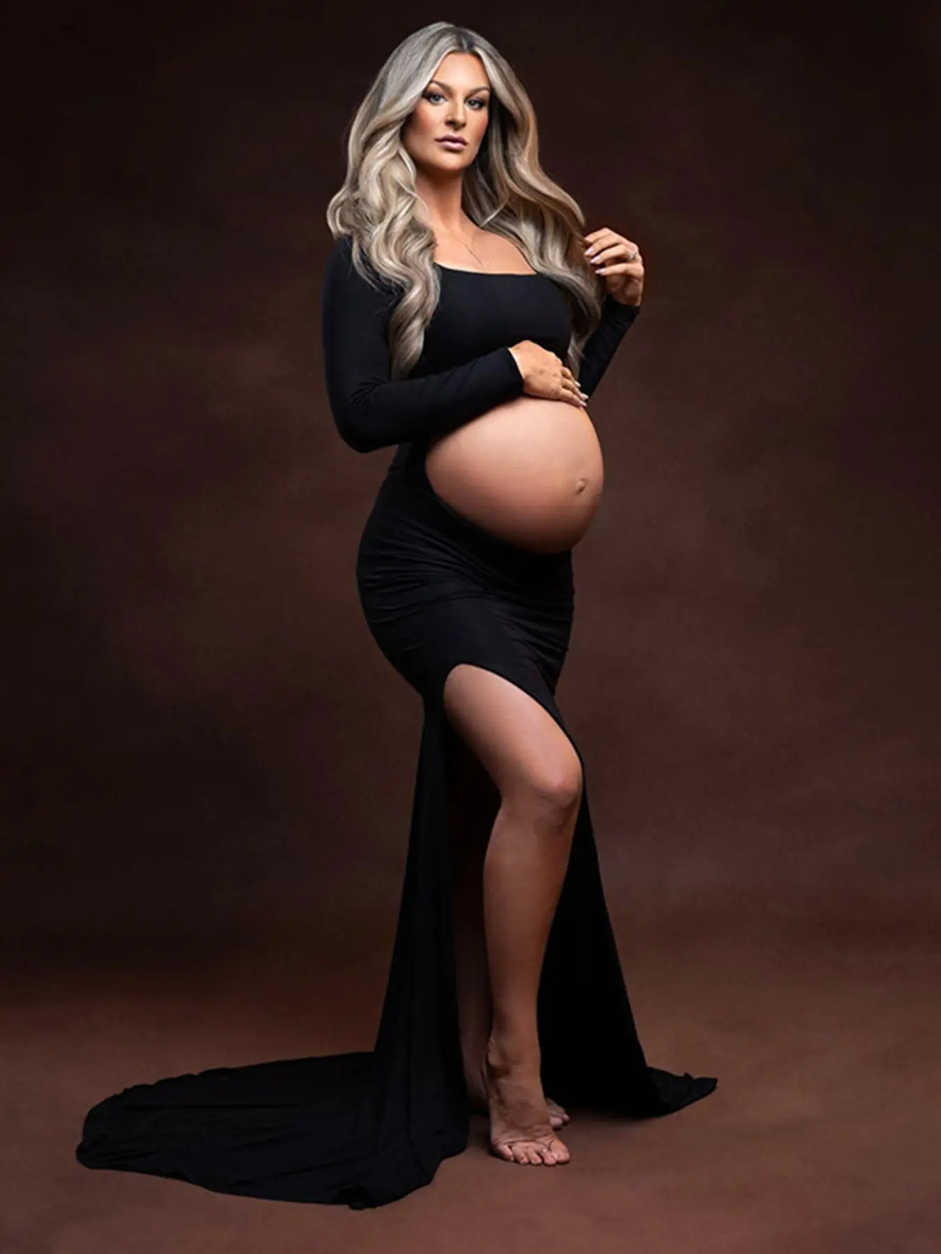 Maternity Solid Cut Out Backless Split Hem Mermaid Dress, Elegant Long Sleeve Square Neck Maxi Gown for Photoshoot Baby Shower Party, Pregnant Women's Clothes for All Seasons, Maternity Outfits, Maternity Dresses, Maternity Clothing, Pregnancy Clothes