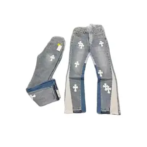 Cross-Mark Denim Flared Pants, Washed Distressed Patchwork Jeans, Vintage Leather High Street Trousers