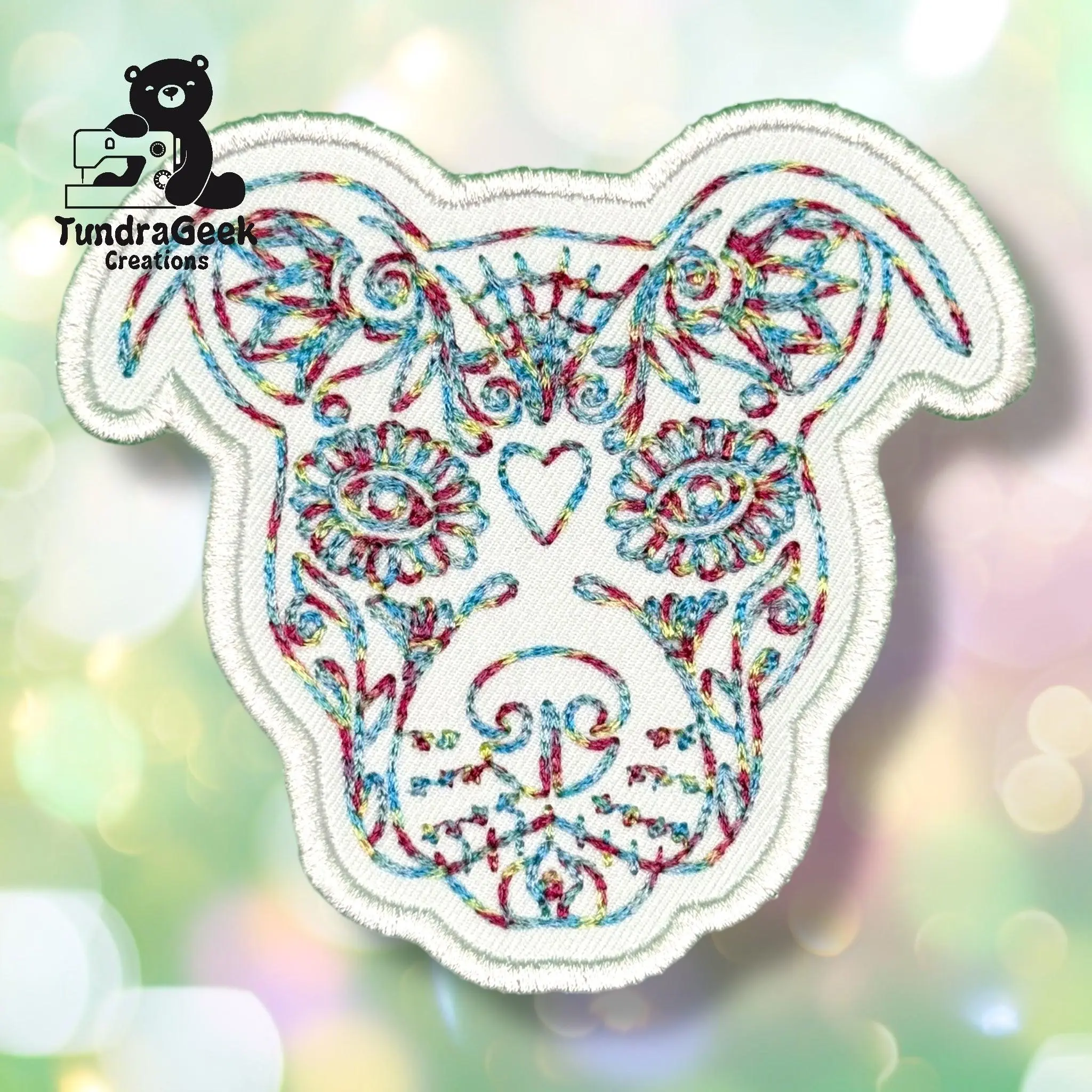 Embroidered Pitbull Sugar Skull Patch – Multicolor Sew-On Dog Lover Patch