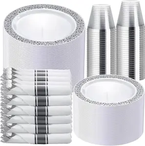 Silver/Gold/Clear/White/Blue Disposable Plates and Silverware Set: Dinner Plates,Dessert Plates, Cups,Napkins,Knife, forks, spoons-Perfect for Party Plastic Tableware Plastic Dinnerware Set