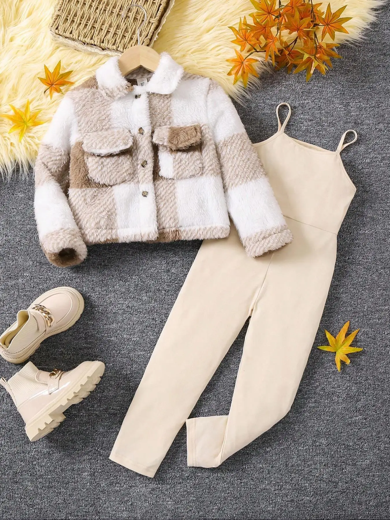 Girl's Plaid Print Button Front Jacket & Jumpsuit Two-Piece Set, Casual Long Sleeve Collared Pocket Outerwear & Sleeveless Jumpsuit for Fall & Winter,