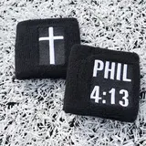 Christian Sweatband 2 Pack with Embroidered Cross Design and PHIL 4:13 Text, Sweat-Absorbing Unisex Wristbands for Basketball, Gym and Workouts