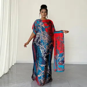 Navy & Red Floral Line Art Kaftan Set Silky Modest Dress Silky Floral Modest Bubu Dress Bold Red & Navy Floral Maxi Dress