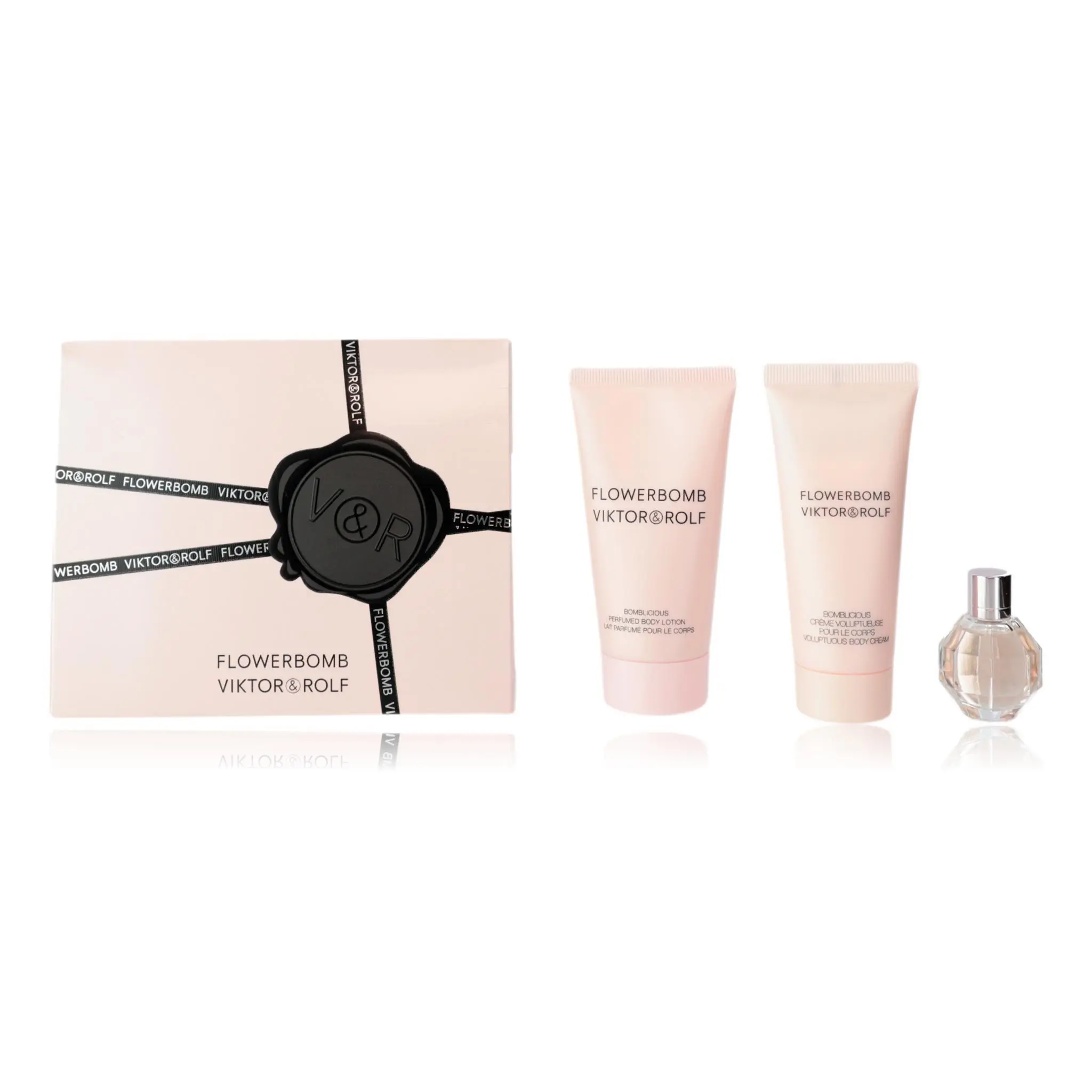Women's Iconic Luxury Flowerbomb by Viktor and Rolf Scented Gift Set - 3-Pc Body Care Bundle: 0.24oz EDP Splash (Mini), 1.36oz Bomblicious Cream, 1.7oz Bomblicious Lotion with Rich Aroma
