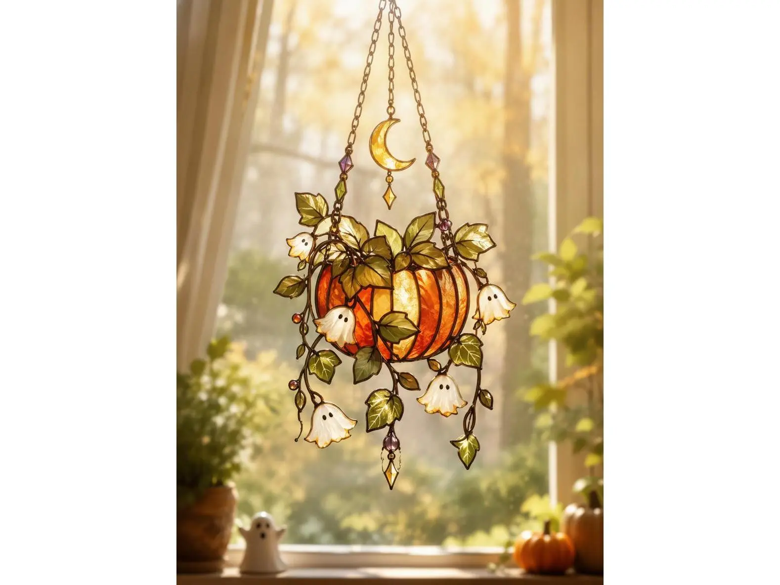 Enchanting Halloween Pumpkin & Lily Ghost Acrylic Window Hanging - Festive Fall Stained Glass Look Decor - Unique Spooky Home Art