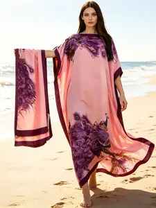 1 Dress+1 Scarf，Viral Blush Pink Peacock Feather Print Satin Kaftan Maxi Dress with Matching Scarf – Silky Loose Fit, Plus Size Friendly, Luxury Loungewear, Beach Cover Up & Evening Party Wear, Must-Have Resort Fashion Piece